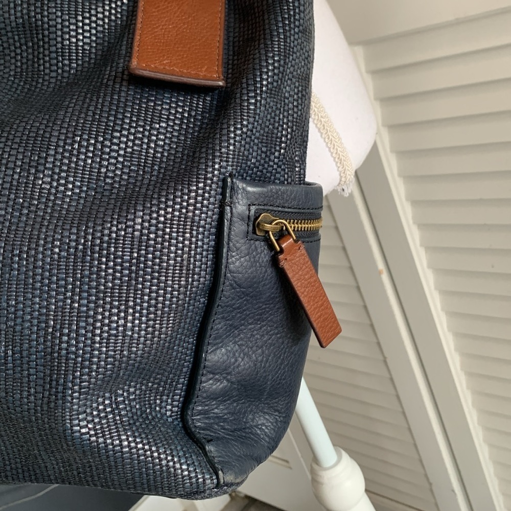 Fossil Emerson Satchel Purse Navy Blue Straw Leather Trim & Straps Crossbody Bag - Picture 5 of 14